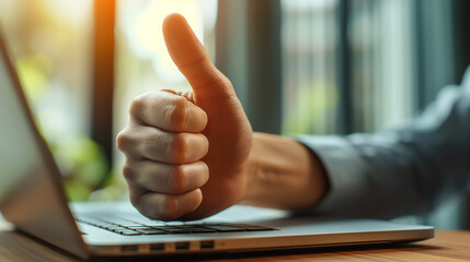 Poster - Businessman giving thumbs up while working on laptop in office