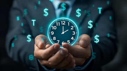 Poster - Businessman holding clock surrounded by digital dollar signs