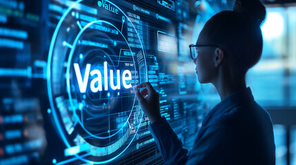 Poster - Businesswoman analyzing company value using big data on futuristic touchscreen interface