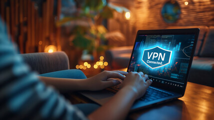 Aufkleber - Woman using laptop with vpn connection at home for online privacy and security