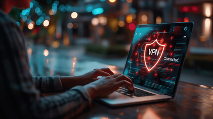 Fototapete - Programmer connecting to virtual private network using laptop at night