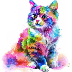 Wall Mural - A colorful cat is sitting on a white background