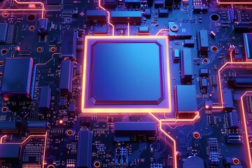 Poster - A computer chip with a blue center and orange border