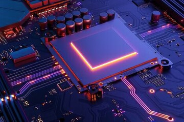 Poster - empty blue and purple motherboard with a small square in the center that glows neon light with orange light