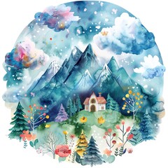 Wall Mural - Watercolor Forest and Mountain Clipart, Sticker Style, white background, transparent background sticker