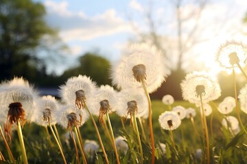 Wall Mural - Golden hour sunlight illuminating delicate dandelions in a tranquil meadow at sunset. Creating a serene and idyllic natural landscape with warm