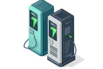 Poster - Illustration of two wall charging boxes for electric vehicles on a white background. One is blue and the other green an icon
