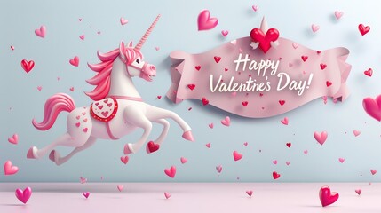 Poster - A 3D, colorful unicorn wearing a heart-patterned saddle, surrounded by floating hearts and a banner that reads 