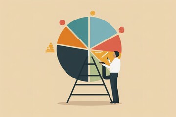Poster - Flat vector illustration of a businessman standing on a ladder and drawing a pie chart with different sections, symbolizing a market research or business analytics concept