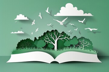 open book with pages turning into trees and birds flying, simple shapes in the paper cut out on a green background,