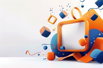 Poster - 3D vector illustration of abstract geometric shapes in blue and orange, forming an open square with rounded corners on the sides. background