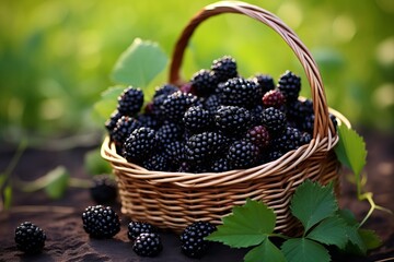 Wall Mural - Ripe blackberries fill a rustic basket surrounded by greenery in a garden setting