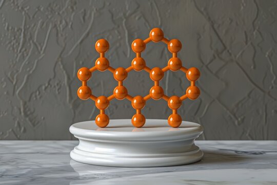 Orange molecular structure on a white pedestal, vibrant 3D rendering, modern design, educational and creative.
