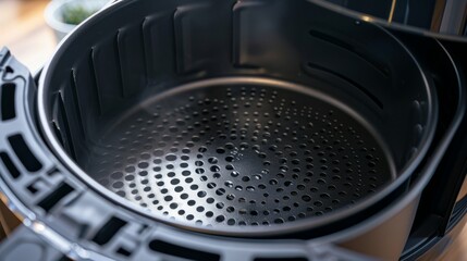 The interior of an air fryer displaying the nonstick coating and mesh bottom that helps achieve optimal air circulation for cooking.