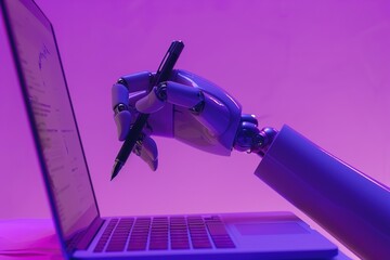 Poster - A human hand writing on paper with pen, and an artificial intelligence robot's arm is holding the laptop screen in front of it. background