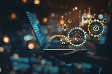 Poster - A person is holding a laptop with a screen that has a lot of gears