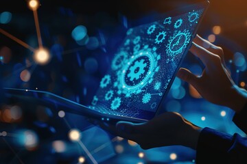 Poster - person is holding up an open laptop with gears and check marks floating above it, representing the integration of technology