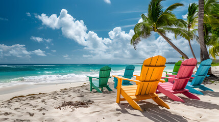 Wall Mural - Three beach chairs on a white sand beach under a blue sky with fluffy white clouds. Concept of summer vacation and relaxation.