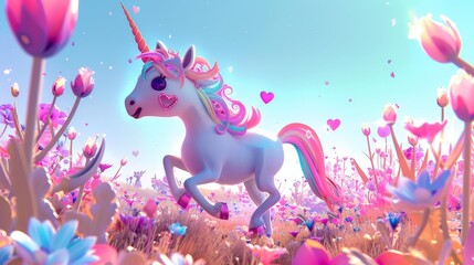 Wall Mural - A 3D, colorful unicorn with a heart-shaped marking on its forehead, prancing through a meadow filled with Valentine's Day decorations.