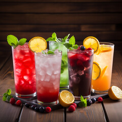 Fruit and berry lemonade in glasses on a wooden background