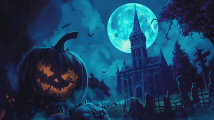 Wall Mural - Awesome Cemetery on halloween night with evil pumpkins bats and in the background