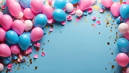 Wall Mural - Background with pink and blue balloons and confetti, along with text space, perfect for a fun gender reveal party or baby shower