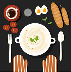 Cream soup with vector illustration table concept with bread and coffee 