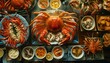 © Nikolay - A table full of crab and other seafood dishes on a wooden surface. AI.