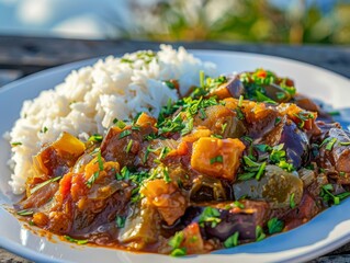 Poster - A plate of a meal with rice and meat on it. AI.