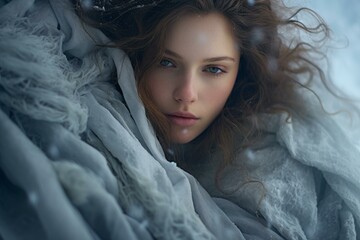 Poster - Close-up portrait of a young woman with an enigmatic gaze, enveloped in a warm shawl amidst snowy weather