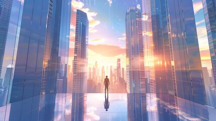 Poster - Cityscape View with a Silhouette of a Person