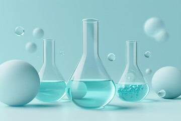 Poster - Glass flasks with blue and orange liquids on a reflective surface, illustrating scientific research and experimentation in a bright, modern setting.