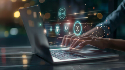 Poster - Person typing on laptop with multiple icons emerging