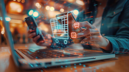 Poster - Person using laptop with shopping cart