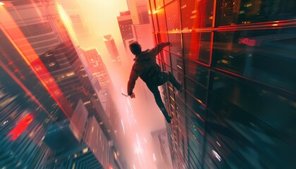 Wall Mural - A dynamic and thrilling moment showing a superhero gracefully freefalling across a modern city as the sun sets AIG58