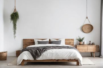 Sticker - Minimalist bedroom interior with wooden bed and hanging plants