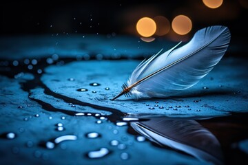 Wall Mural - Ethereal feather and water droplets on dark background