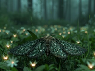 Wall Mural - Intricate insect with iridescent wings in lush forest