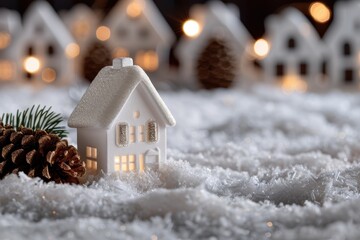 Poster - Cozy winter scene with glowing house in snow