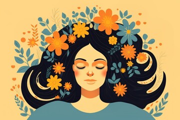 Wall Mural - Beautiful girl with flowers in her hair, fashionable illustration, isolated background, watercolor painting. 