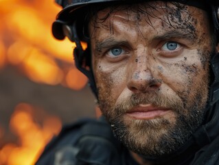 Sticker - close-up portrait of a rugged man with a beard in a military helmet