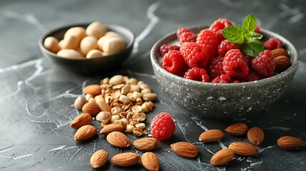 Wall Mural - **Assorted healthy breakfast options on a marble background