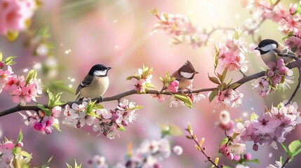 Wall Mural - Birds on a Cherry Blossom Branch