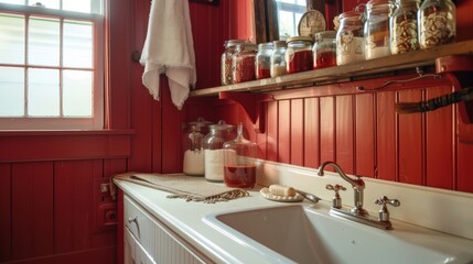 Wall Mural - A quaint Americana bathroom with a red and white color scheme antique glass jars on the counter and a vintage washboard hanging on the wall.