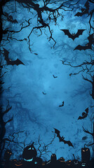 Wall Mural - Blue Halloween background with spooky elements and characters, copy space