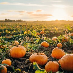 wide shot of a pumpkin patch at harvest time, vibrant orange pumpkins and assorted gourds, rows stre