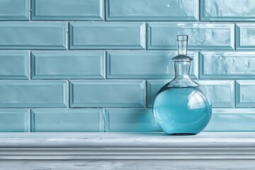 Poster - Vintage blue glass bottle with cork stopper, set against a textured white brick wall, emphasizing historical charm and simplicity.