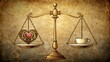 © Alon - Vector illustration antique ornate balance scales with a heart and a brain on cups over grunge background. Logic and emotion priority concept. Even odds, being in balance.