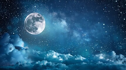 Wall Mural - A mystical night sky background with a full moon and twinkling stars, suitable for dreamy and enchanting themes.