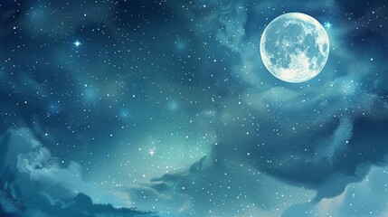 Wall Mural - A mystical night sky background with a full moon and twinkling stars, suitable for dreamy and enchanting themes.